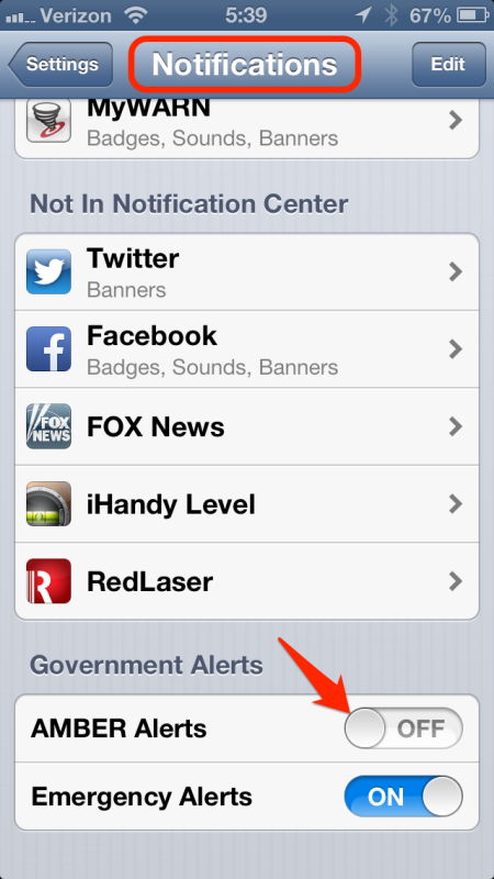 iPhone: Notifications -> Government alerts